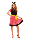 Déguisement robe mignone petite souris pour femme rouge à pois blancs avec ceinture jaune et oreilles