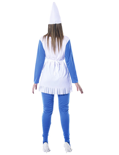 Vue de dos du déguisement robe nain bleu pour femme