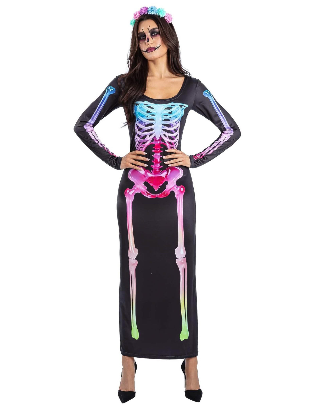 Buntes Skelett-KostÃ¼m fÃ¼r Damen langes Kleid