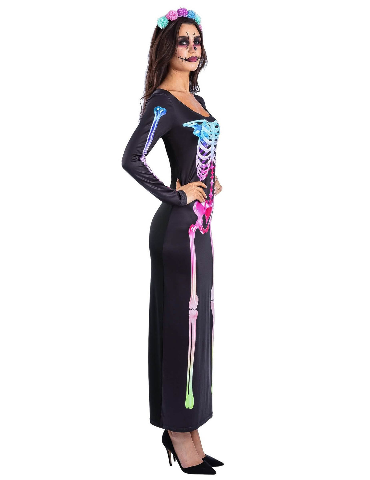Buntes Skelett-KostÃ¼m fÃ¼r Damen langes Kleid
