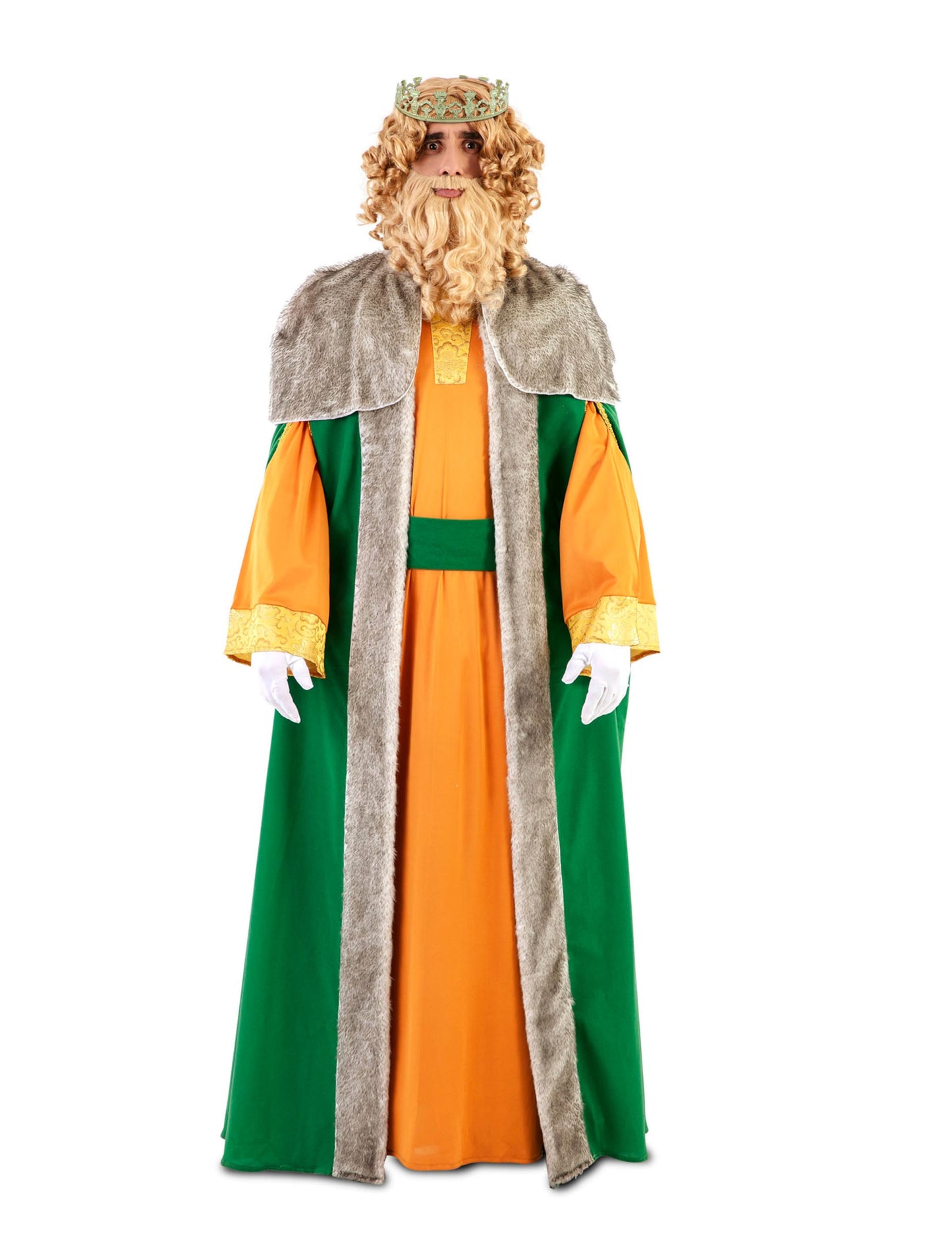 Déguisement de Roi Mage luxe Gaspard pour adulte jaune et vert avec cape en fourrure