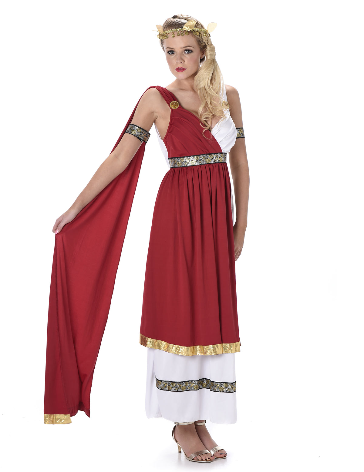 Déguisement de romaine pour femme rouge et blanc avec détails dorés