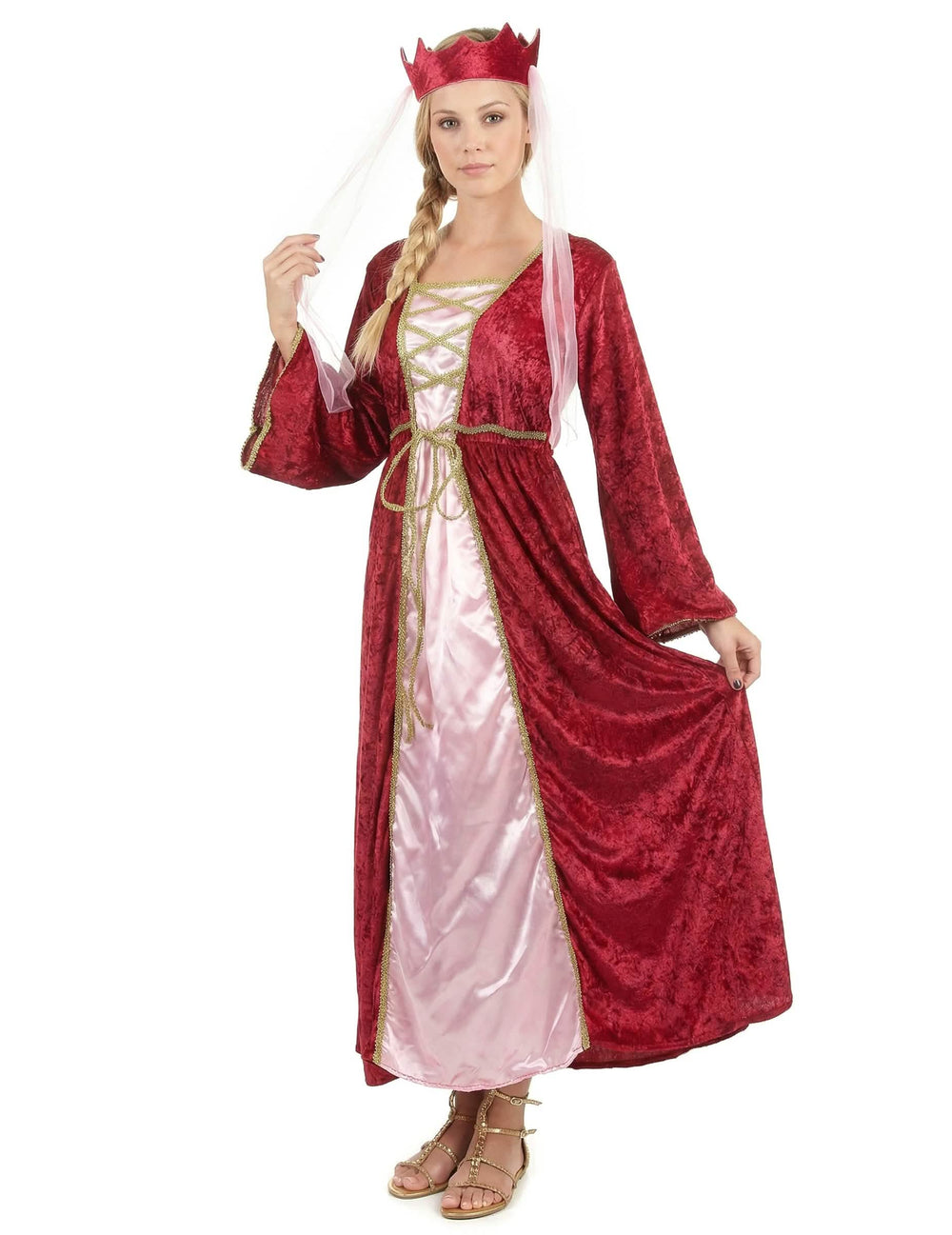 Déguisement de reine médiévale pour femme rouge et rose avec couronne