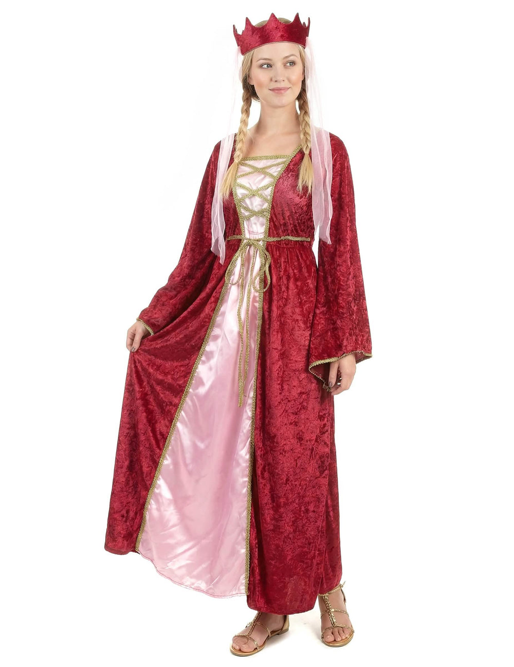Déguisement de reine médiévale pour femme rouge et rose avec couronne