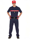 Déguisement sapeur pompette pour adulte bleu marine avec casquette et porte-bières rouge