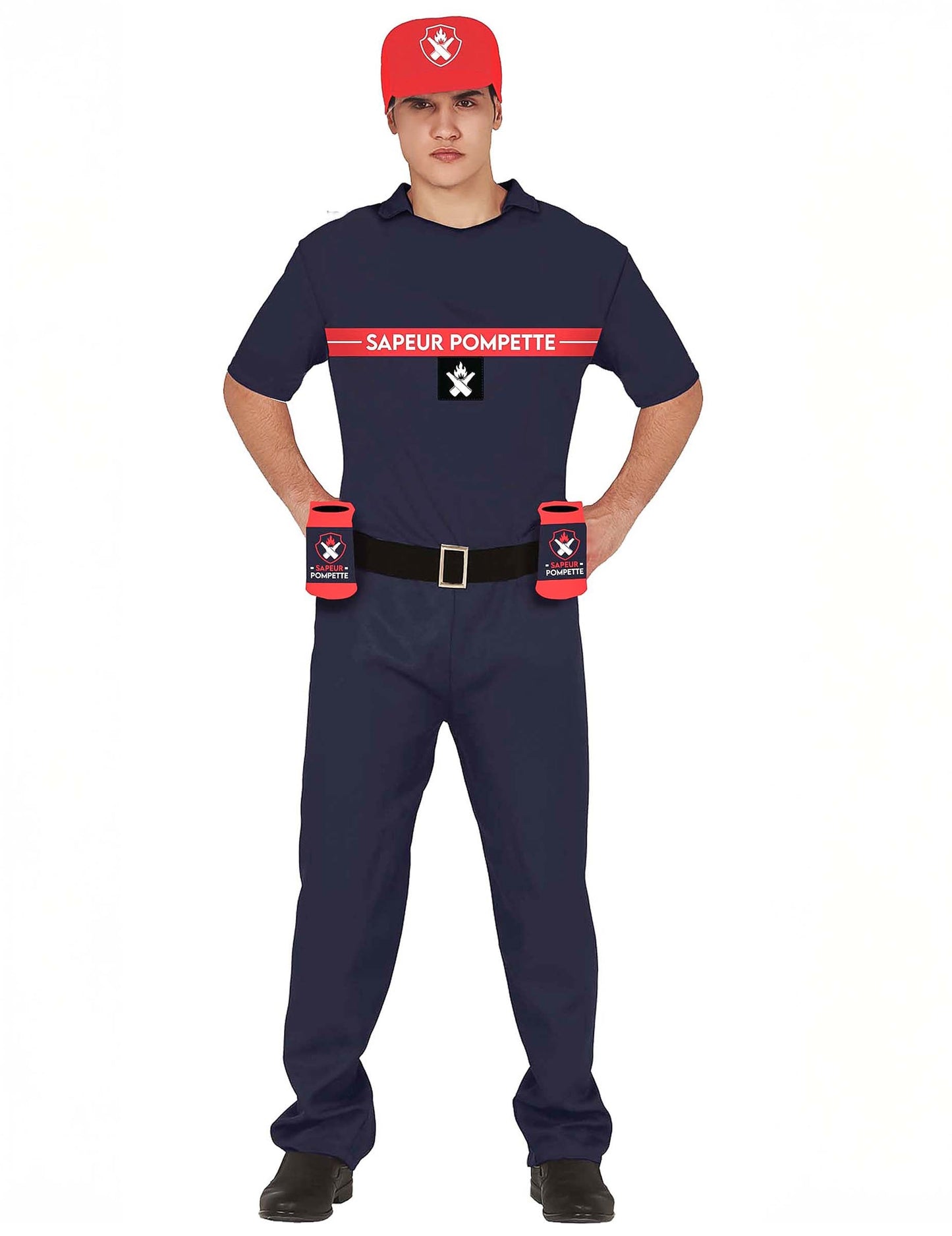 Déguisement sapeur pompette pour adulte bleu marine avec casquette et porte-bières rouge
