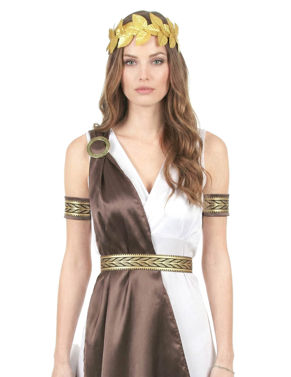 Nahaufnahme auf das Oberteil und die accessoires des satinierten Römer-Kostüms für Damen