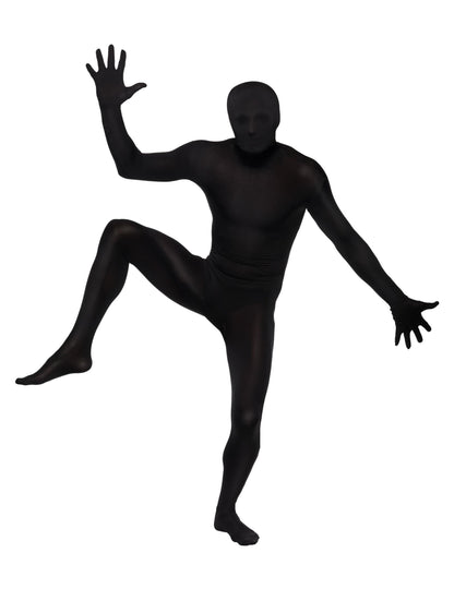 Vue de face en mouvement du déguisement seconde peau pour adulte noir