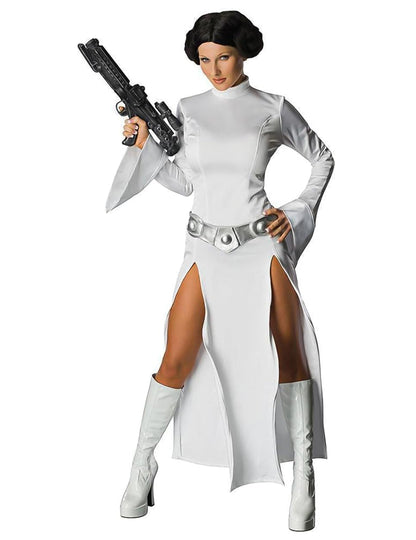 Vorderansicht mit Blaster des sexy Leia Prinzessin Star Wars Kostüms