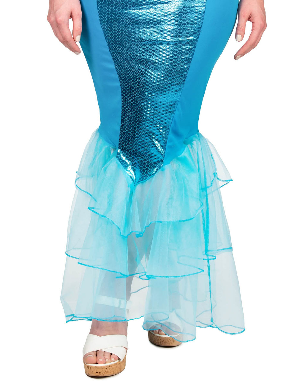 Détail du bas en tulle et des écailles du déguisement sirène à sequins pour femme