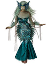 Déguisement de sirène malfaisante luxe pour femme vert et bleu turquoise avec coiffe et nageoires