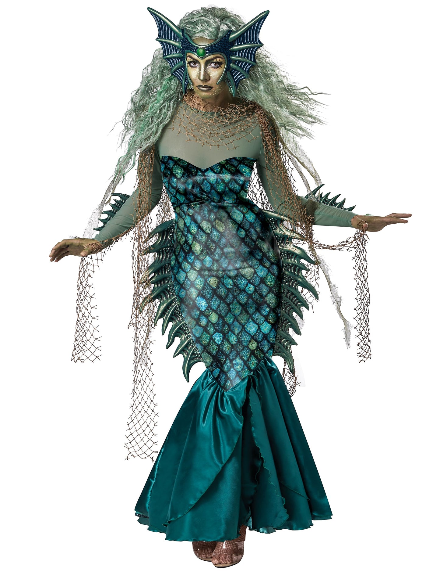 Déguisement de sirène malfaisante luxe pour femme vert et bleu turquoise avec coiffe et nageoires