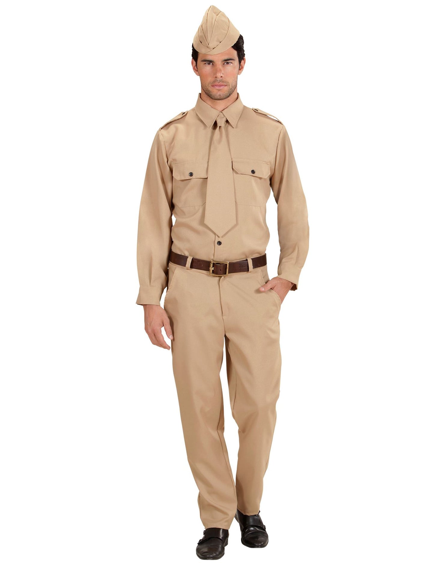 Déguisement de soldat américain pour homme beige avec calot et cravate