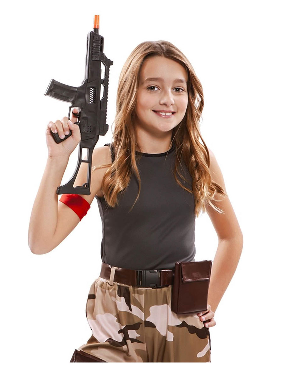 Détail de la mitraillette et des accessoires du déguisement soldat pour fille