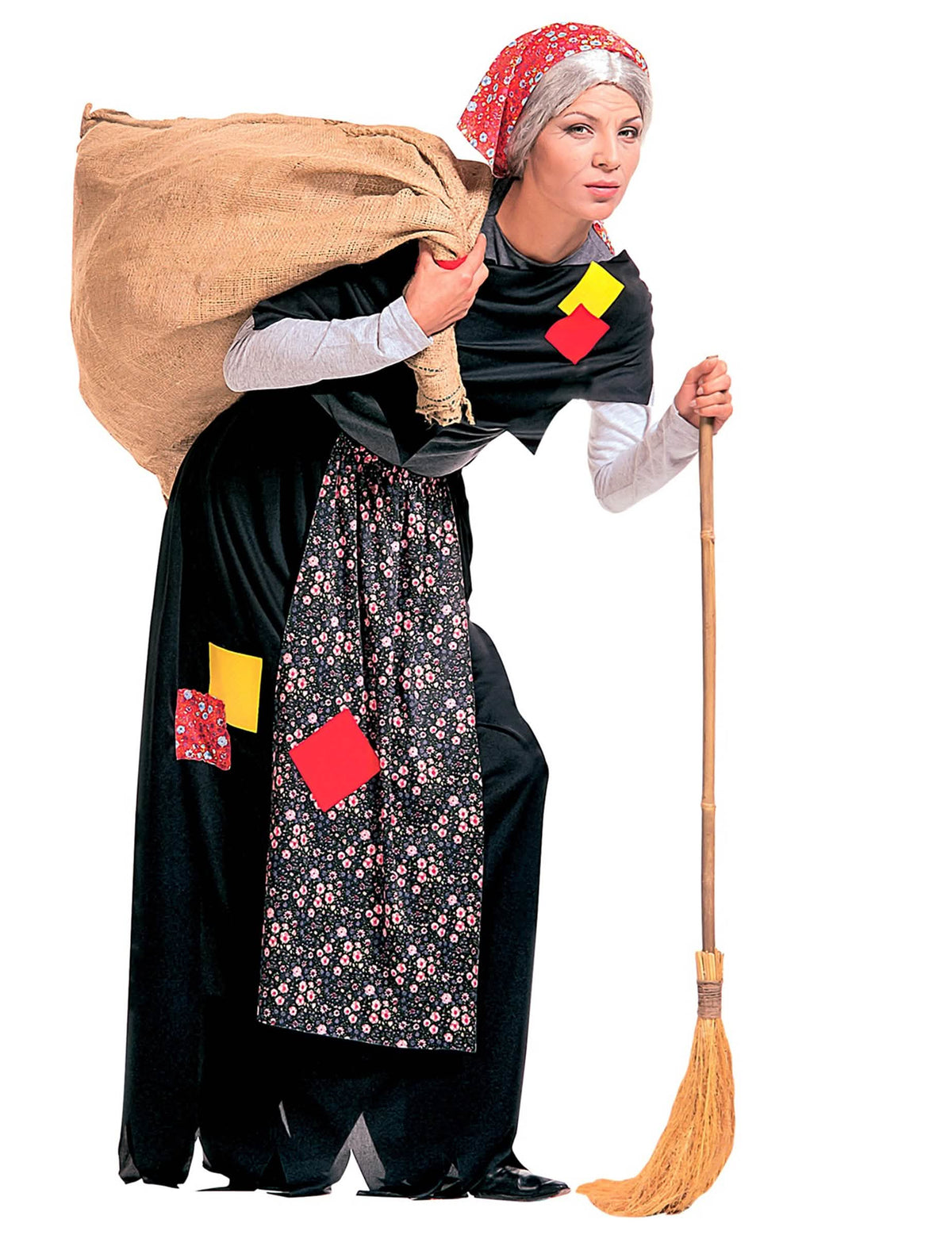 Hexenkostüm Befana für Erwachsene Schwarz und Bunt mit Rotem Schal und Besen