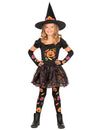 Déguisement de sorcière citrouille pour fille noir avec motifs orange et roses et chapeau pointu