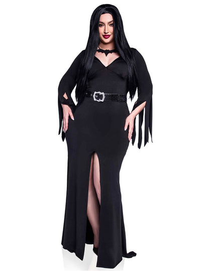Déguisement de sorcière pour femme noir avec fente et ceinture à boucle
