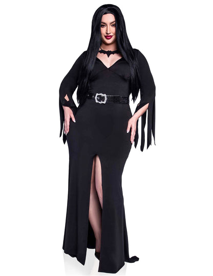 Déguisement de sorcière pour femme noir avec fente et ceinture à boucle