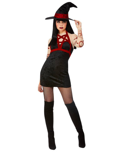 Sexy-satanisches Hexenkostüm für Damen in Schwarz und Rot mit spitzem Hut