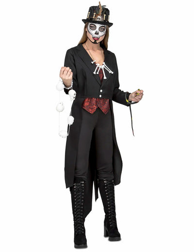 Voodoo-Hexe-Kostüm für Damen in Schwarz und Rot mit Jacke und Hut