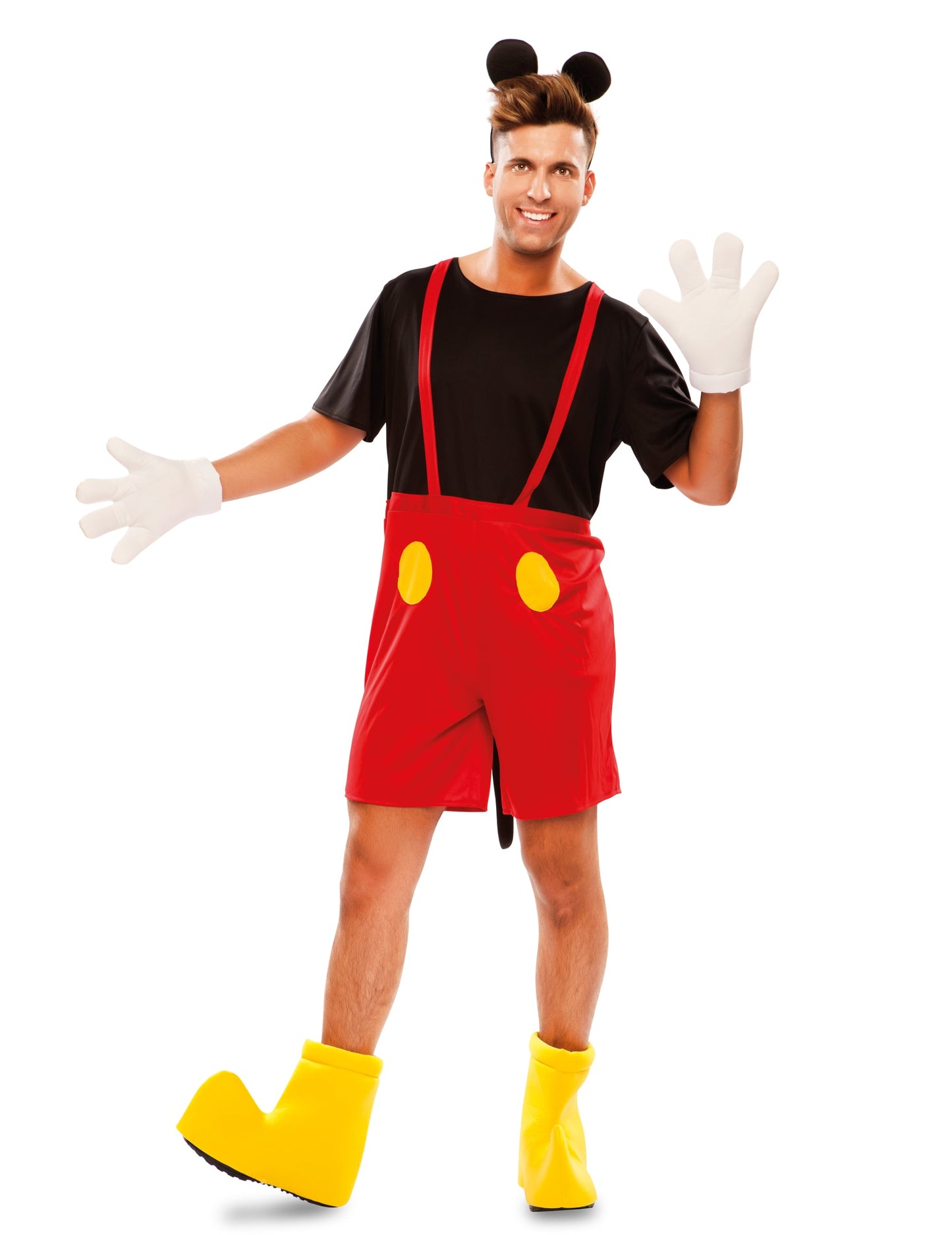 Déguisement de souris pour homme rouge et noir avec oreilles et gants blancs