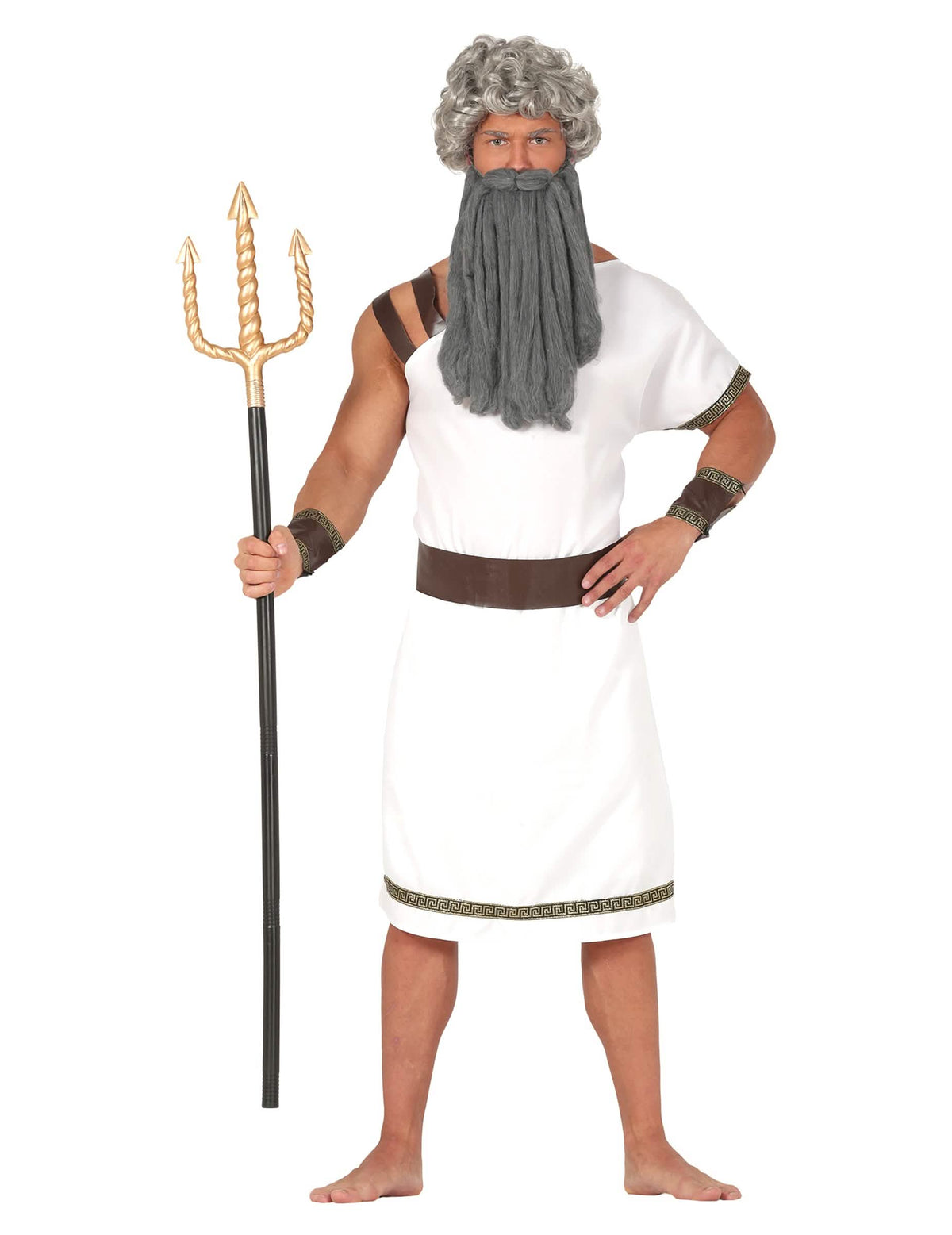 Déguisement spartan pour homme blanc avec liserés grecs et ceinture marron