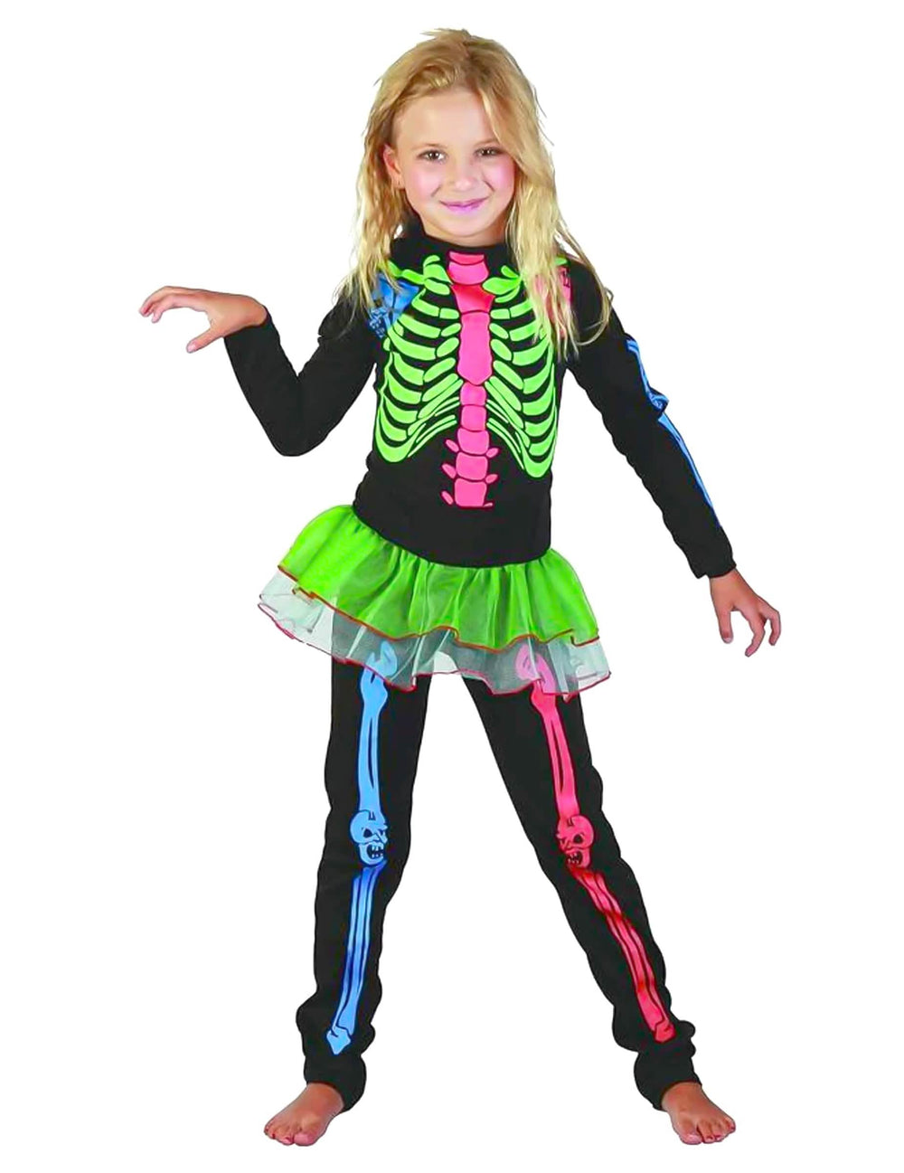 Buntes Skelett-Kostüm für Mädchen Schwarz mit Neon-Motiven und Grünem Tutu