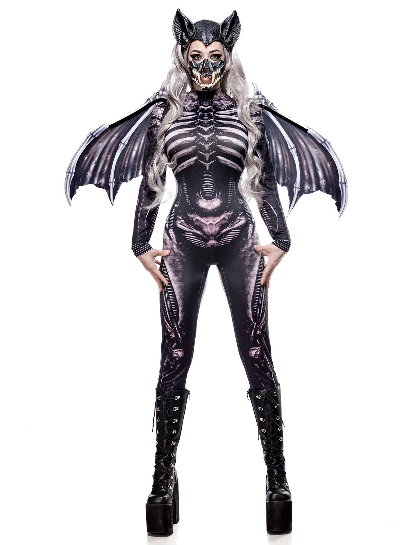 Déguisement squelette de chauve-souris pour femme noir et gris avec ailes et masque