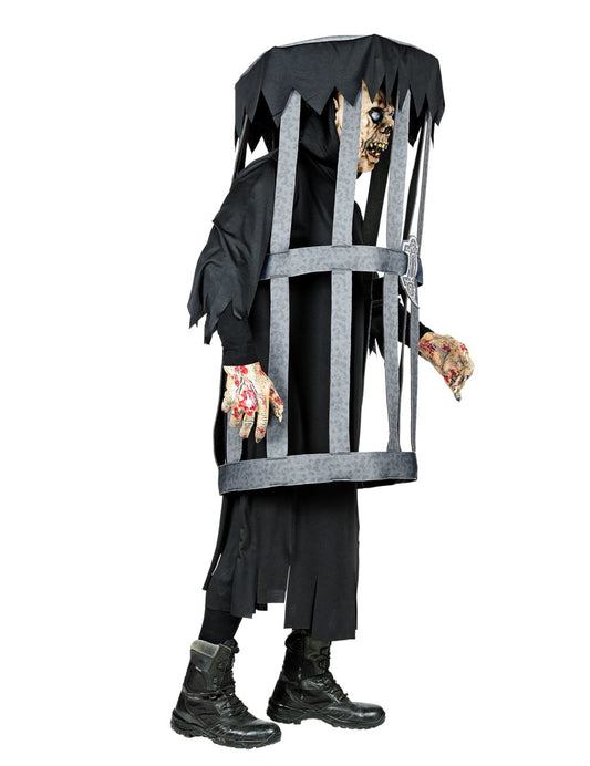 Seitenansicht des Zombie-Kostüms im Käfig