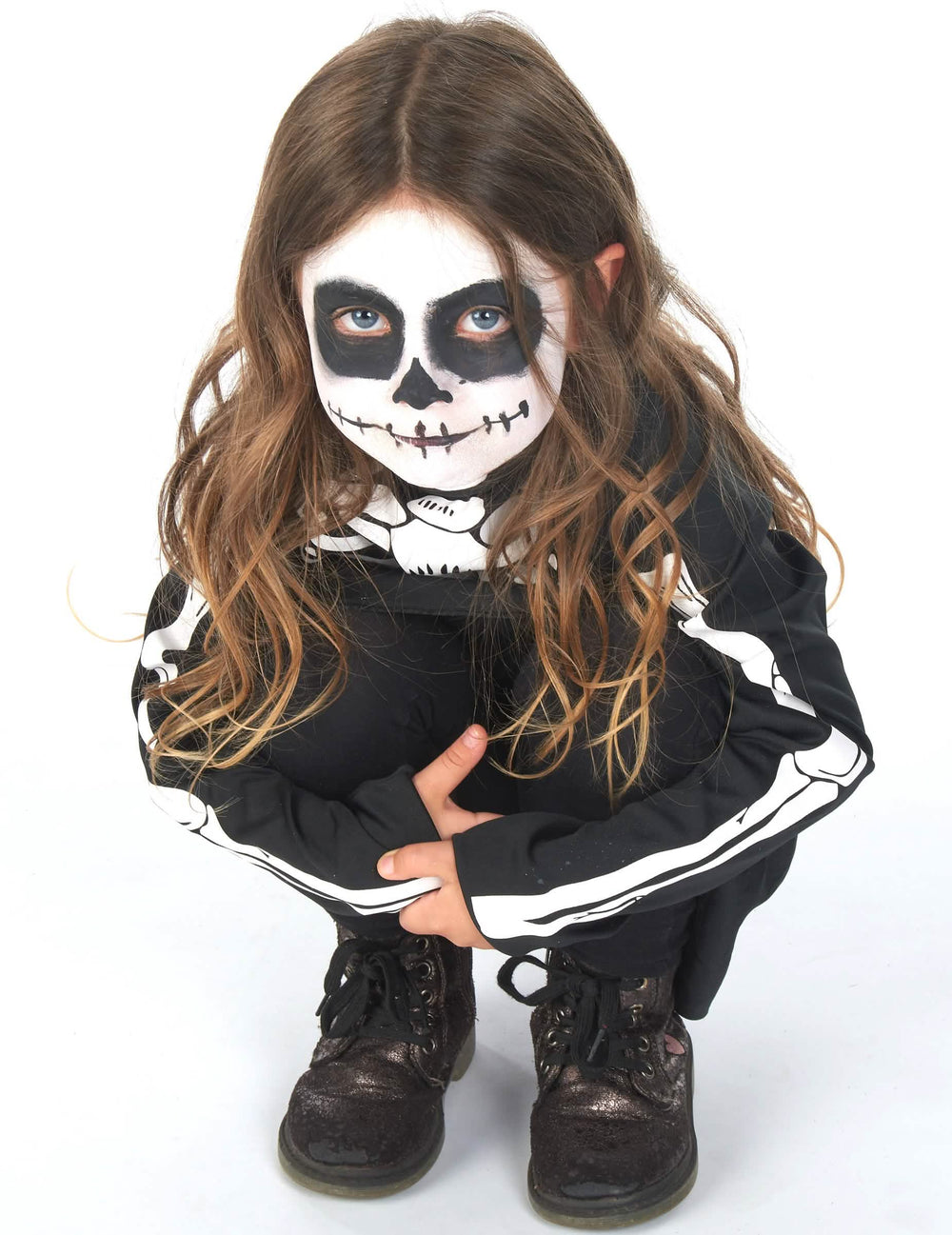 Frontansicht in Hocke des Halloween-Skelettkostüms für Mädchen