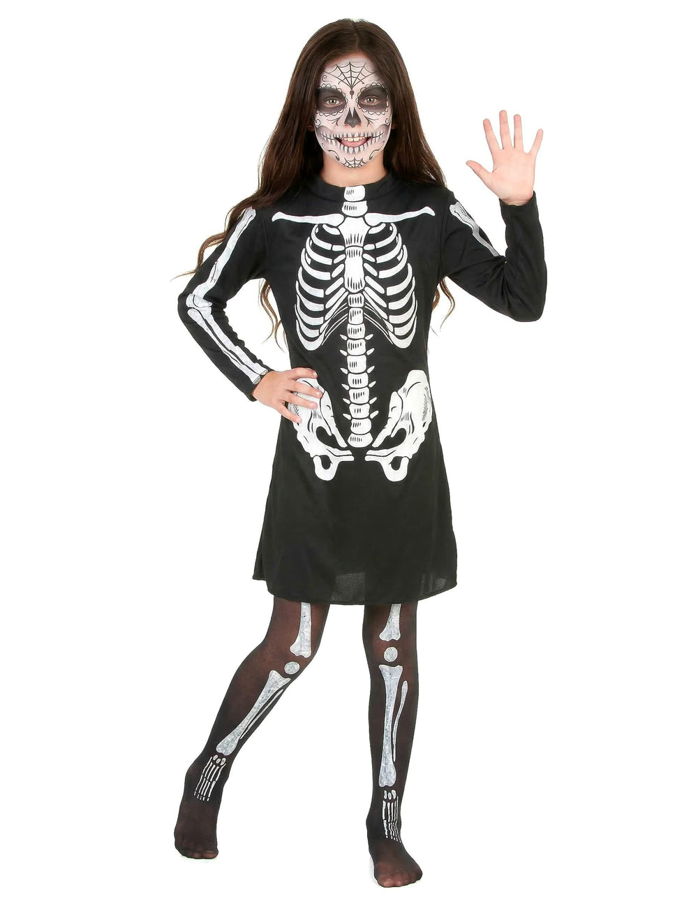 Halloween-Skelettkostüm für Mädchen in Black and White mit Kleid und Strumpfhosen
