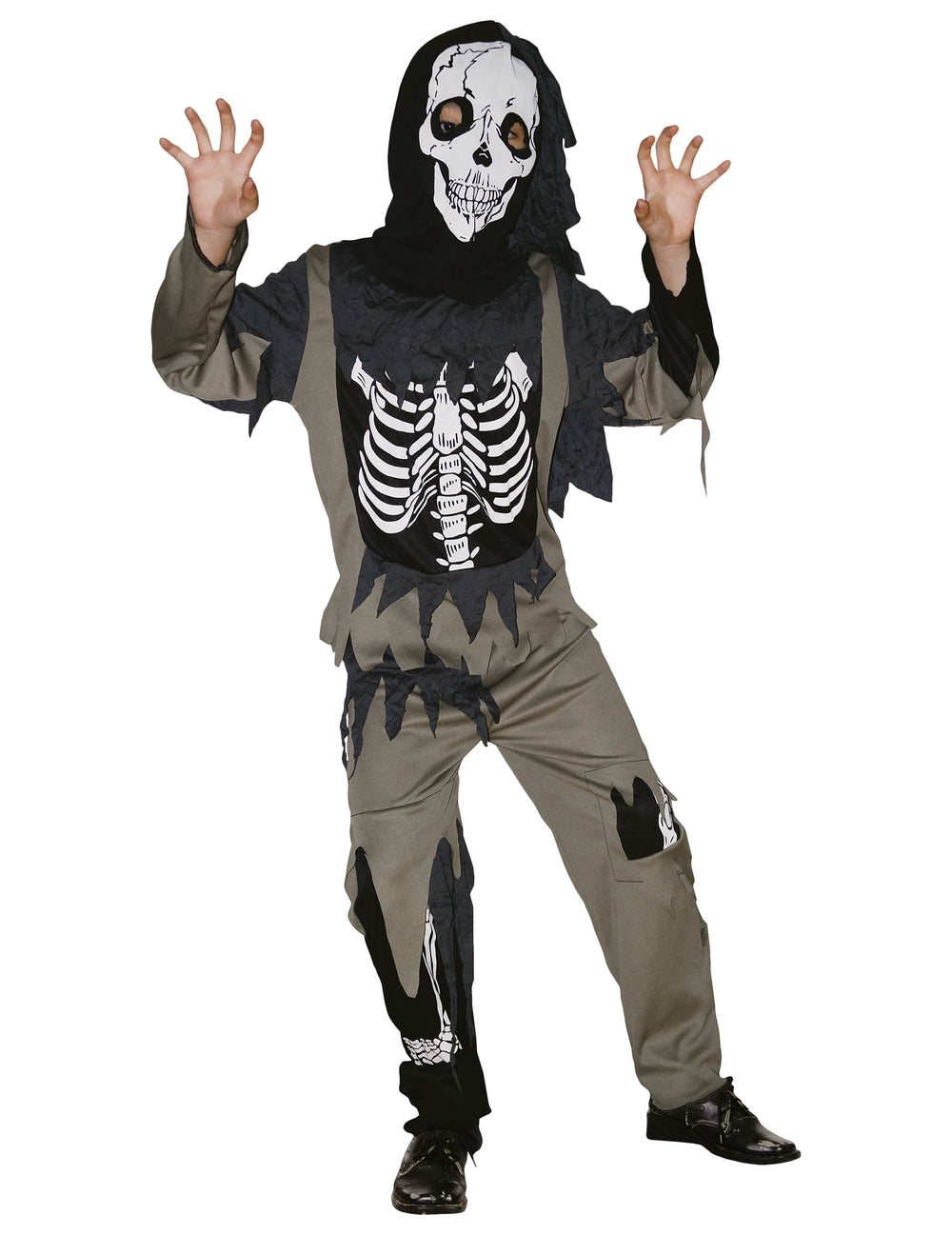 Déguisement de squelette zombie pour enfant gris et noir avec cagoule masque