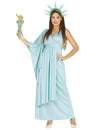 Déguisement statue de la liberté pour femme bleu turquoise avec couronne et flambeau