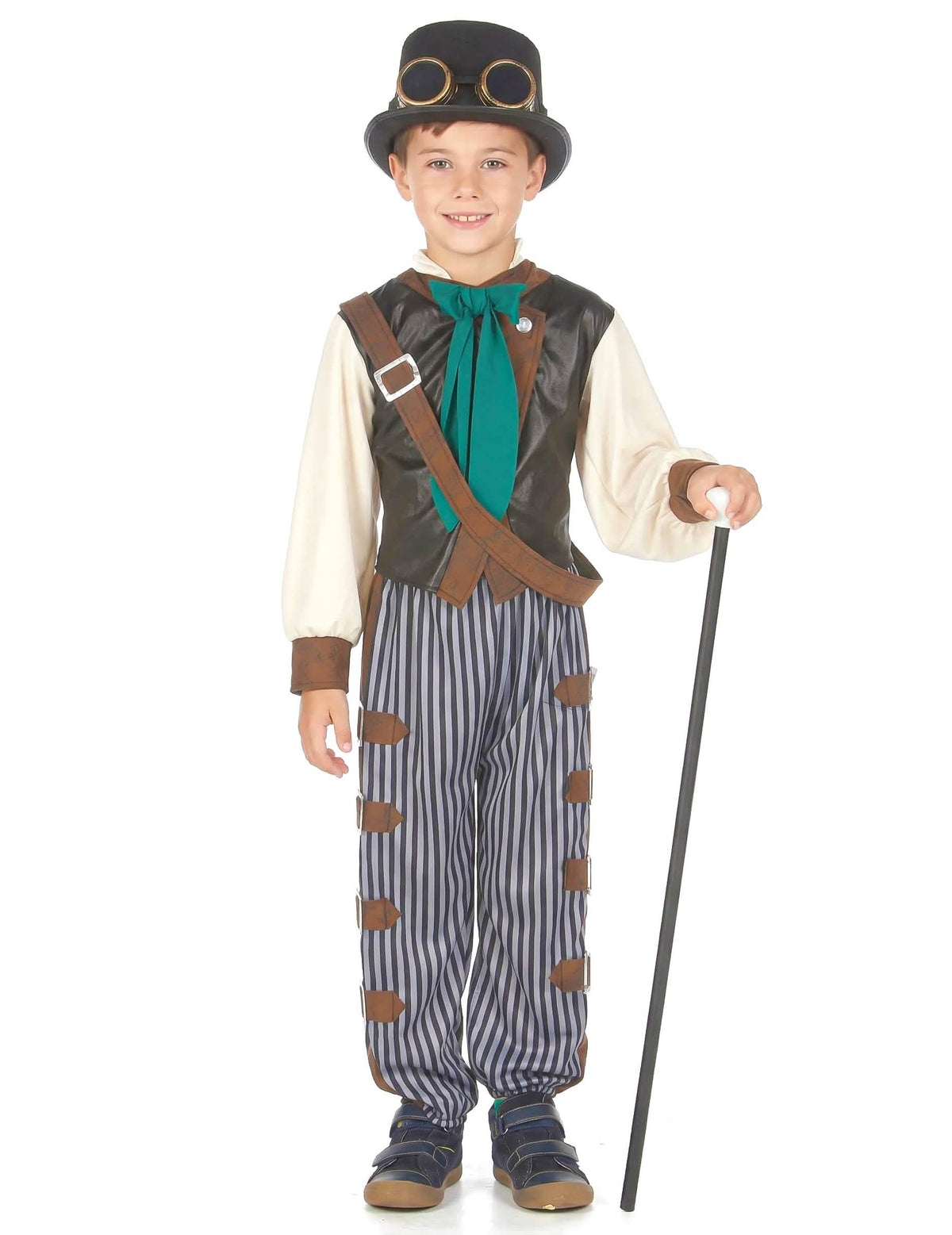 Vorderansicht mit Gehstock des Steampunk-Dandy-Kostüms für Kinder