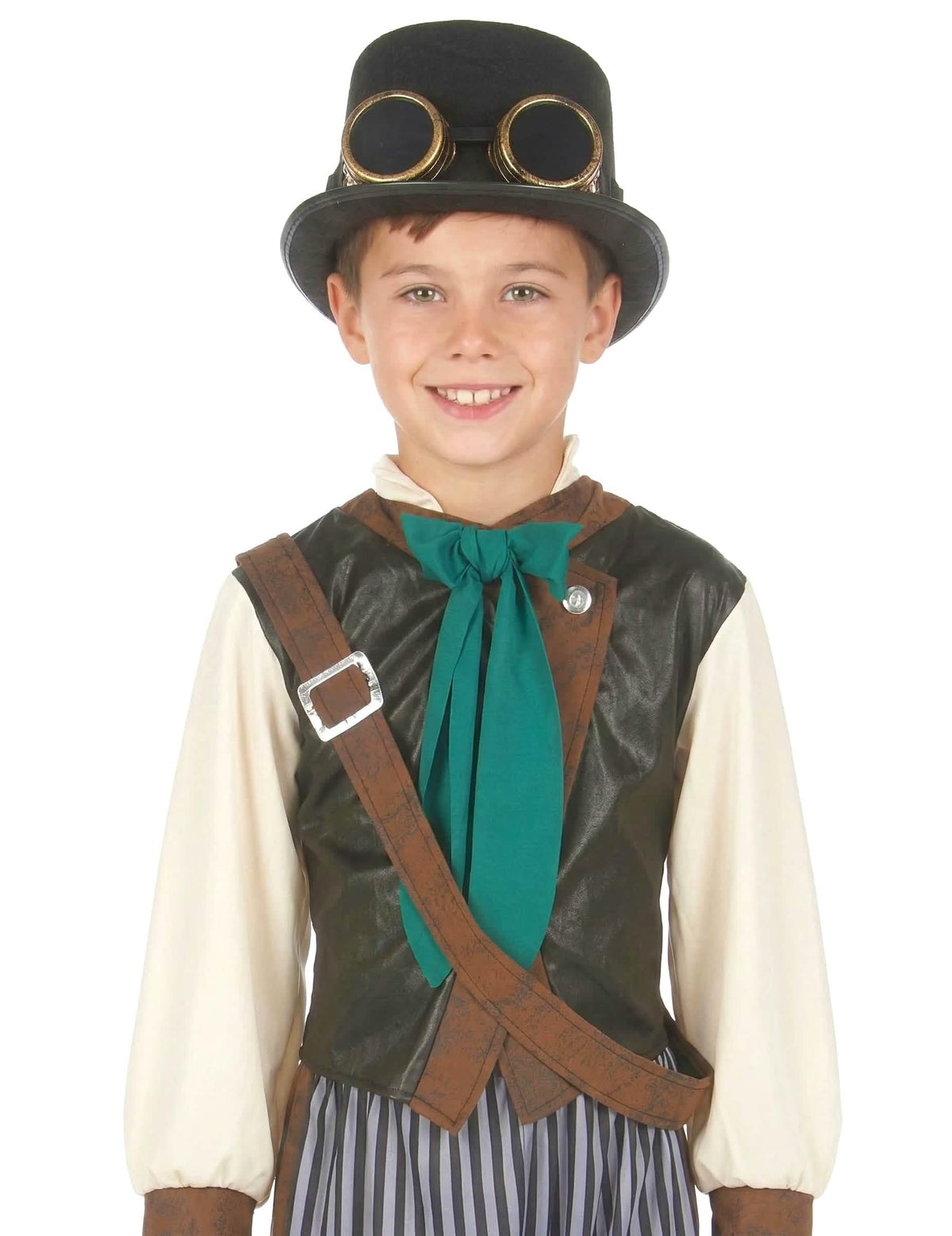 Nahaufnahme des Gilets und des Hutes des Steampunk-Dandykostüms für Kinder