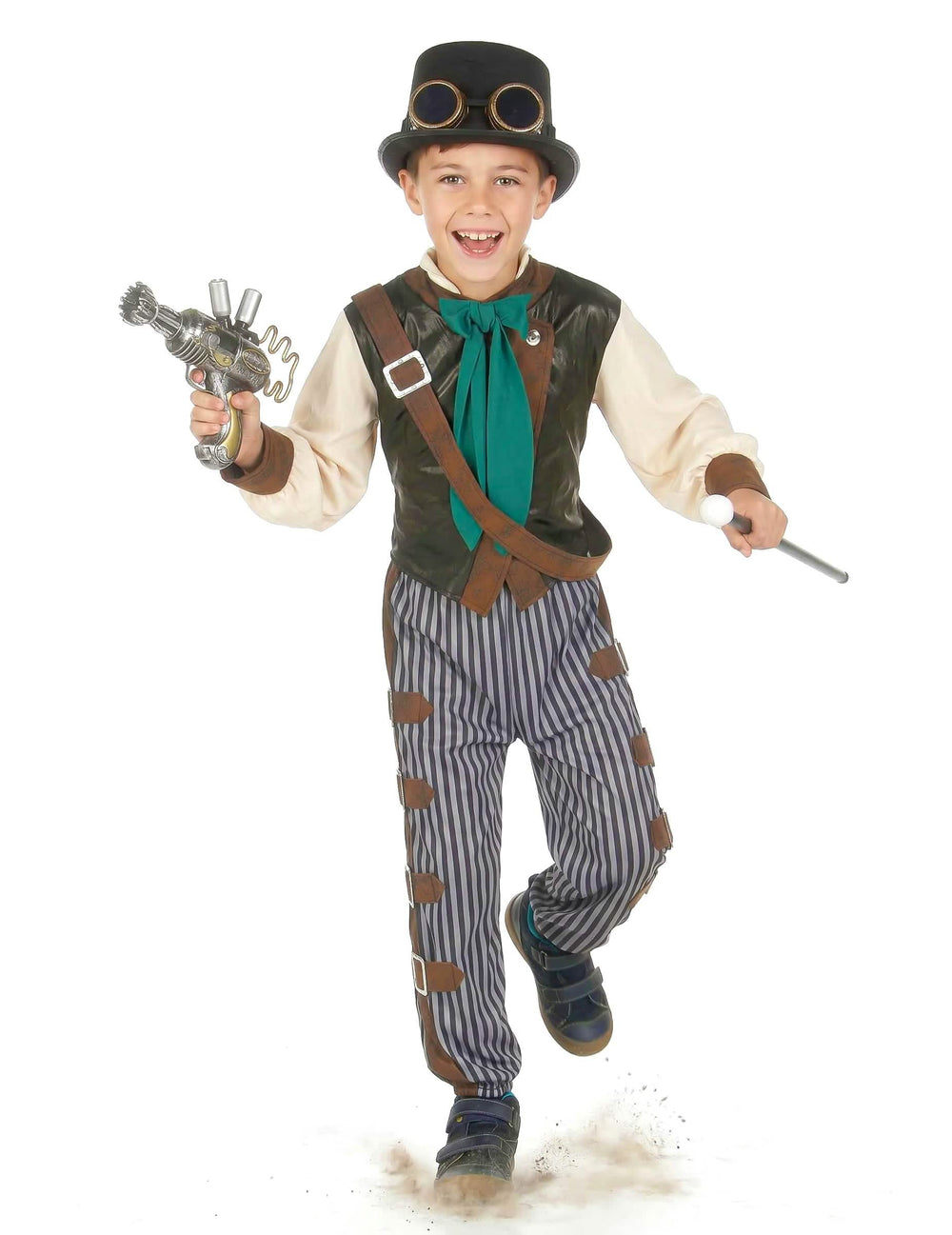 Inszenierung mit Schusswaffen und Gehstock des Steampunk-Dandy-Kostüms für Kinder