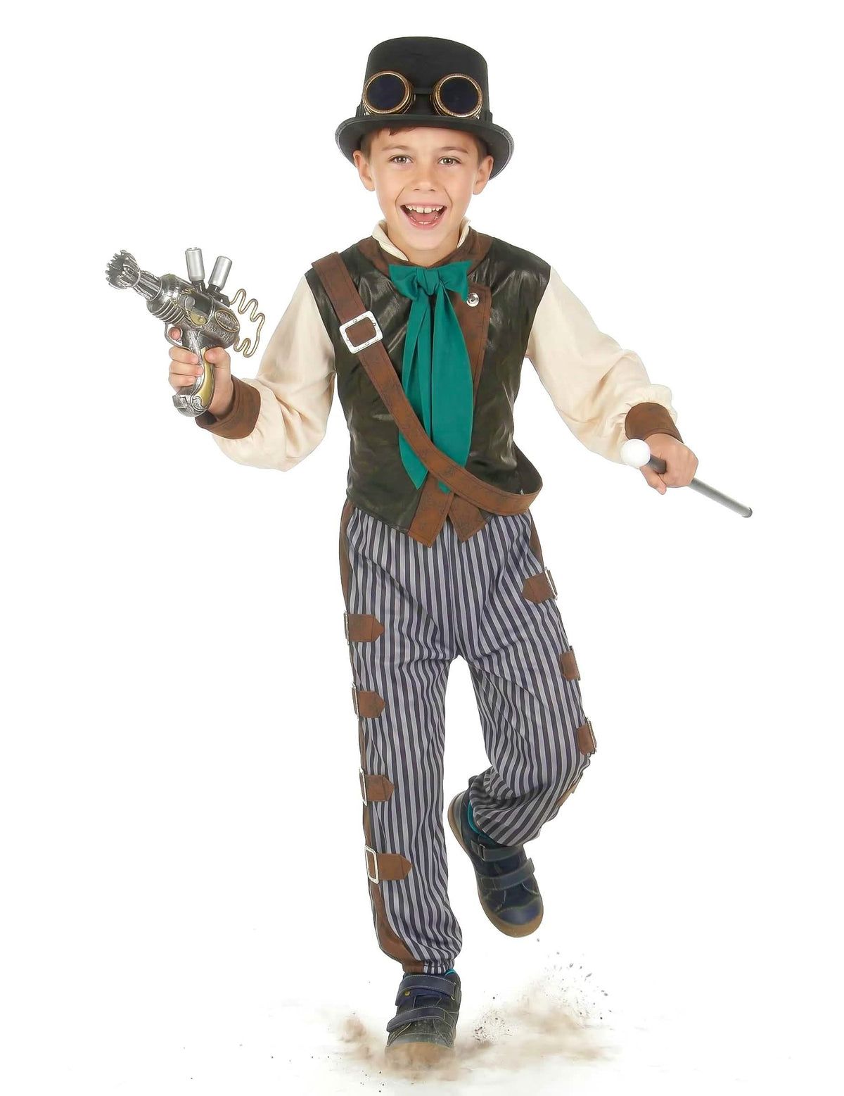 Inszenierung mit Schusswaffen und Gehstock des Steampunk-Dandy-Kostüms für Kinder