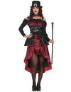 Déguisement steampunk gothique pour femme noir et rouge à rayures avec chapeau haut-de-forme