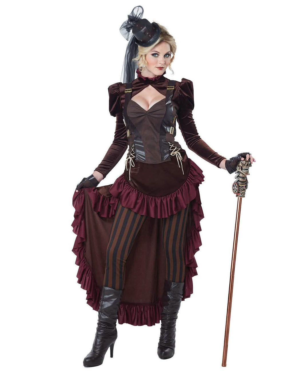 Steampunk Sexy-Damenkostüm Braun und Bordeaux mit Mini-Zylinder