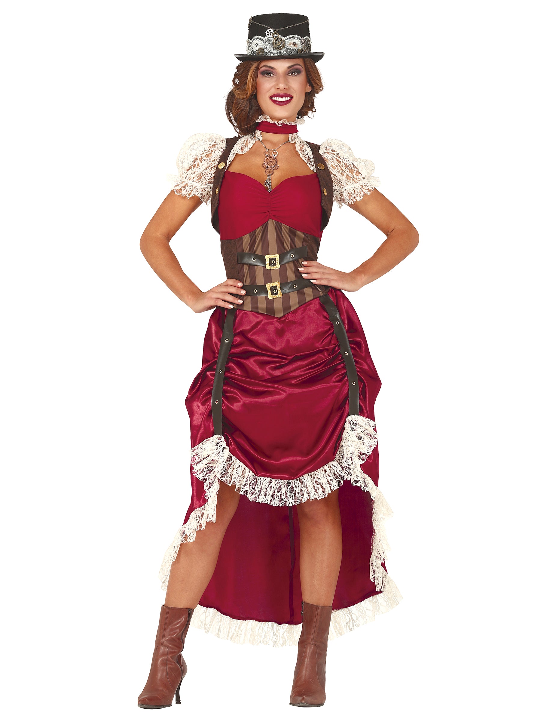 Déguisement steampunk sexy pour femme rouge avec corset et chapeau
