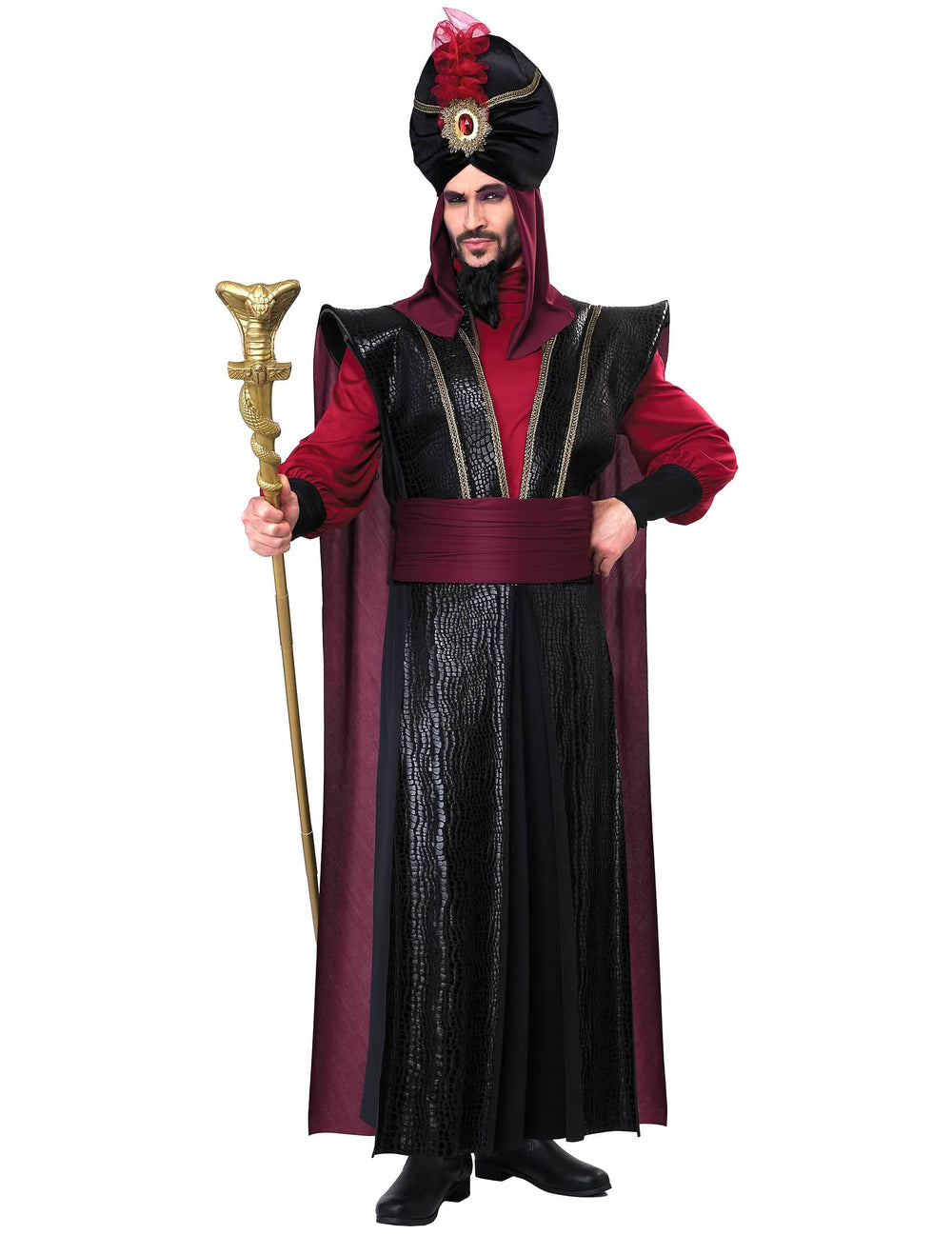 Luxus-Sultan-des-Bösen-Kostüm für Herren in Schwarz und Bordeaux mit Turban und Schlangenzepter