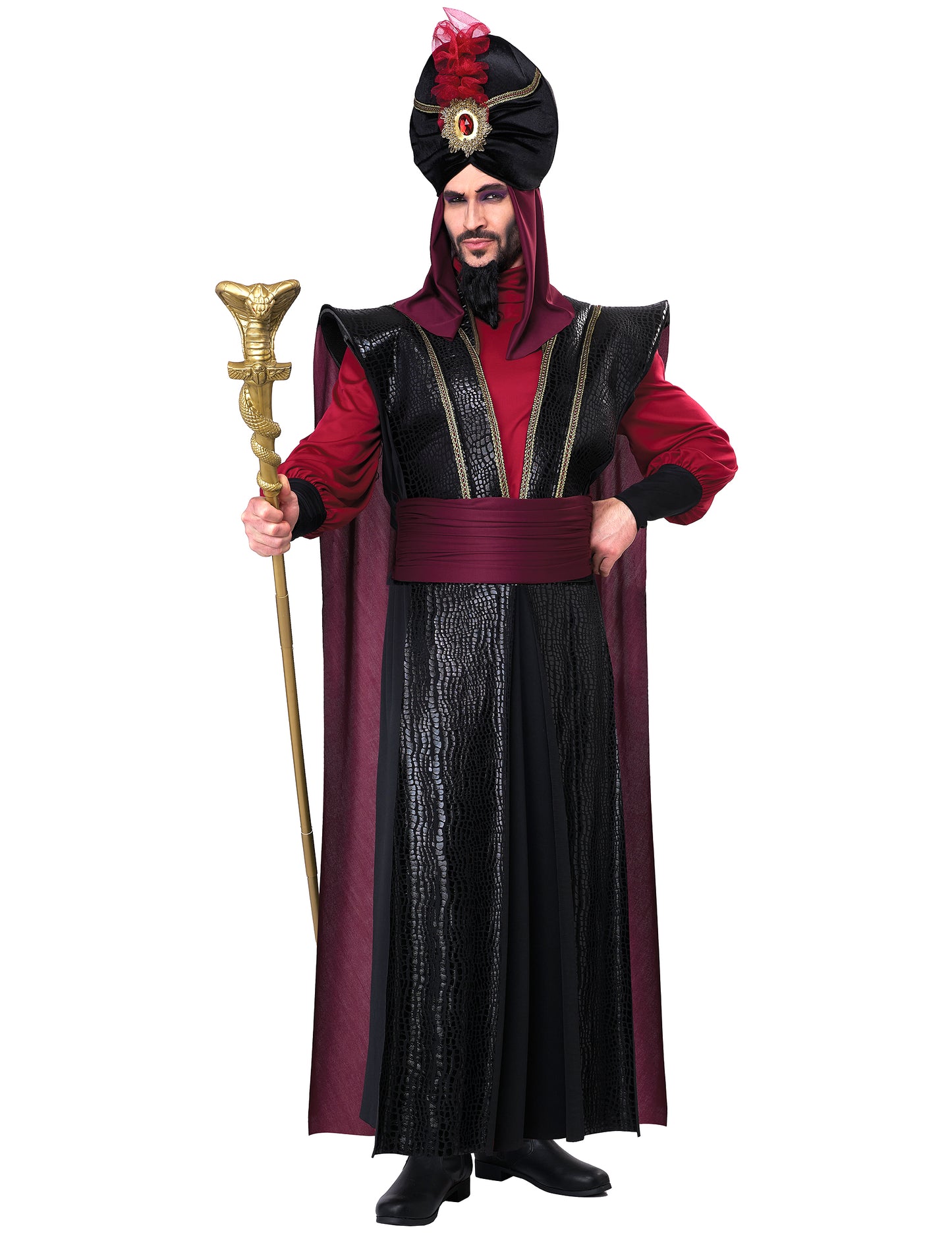 Déguisement de sultan du mal luxe pour homme noir et bordeaux avec turban et sceptre serpent
