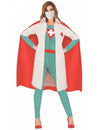 Déguisement super docteur pour femme blanc rouge et bleu canard avec cape et masque