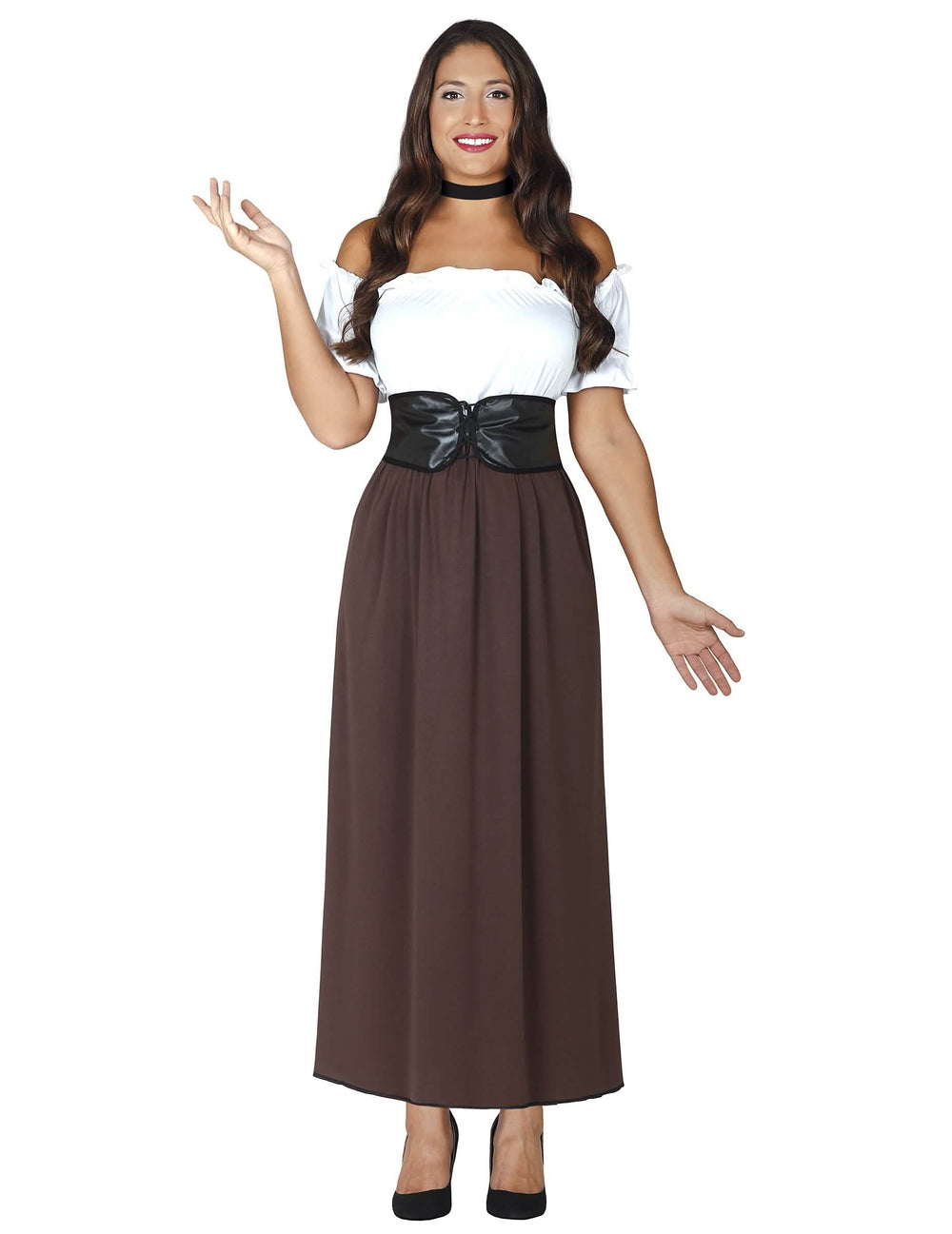 Déguisement de tavernière médiévale pour femme blanc et marron avec ceinture noire
