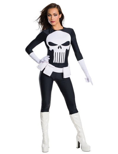 The Punisher-Kostüm für Damen in Schwarz und Weiß mit Totenkopf-Logo