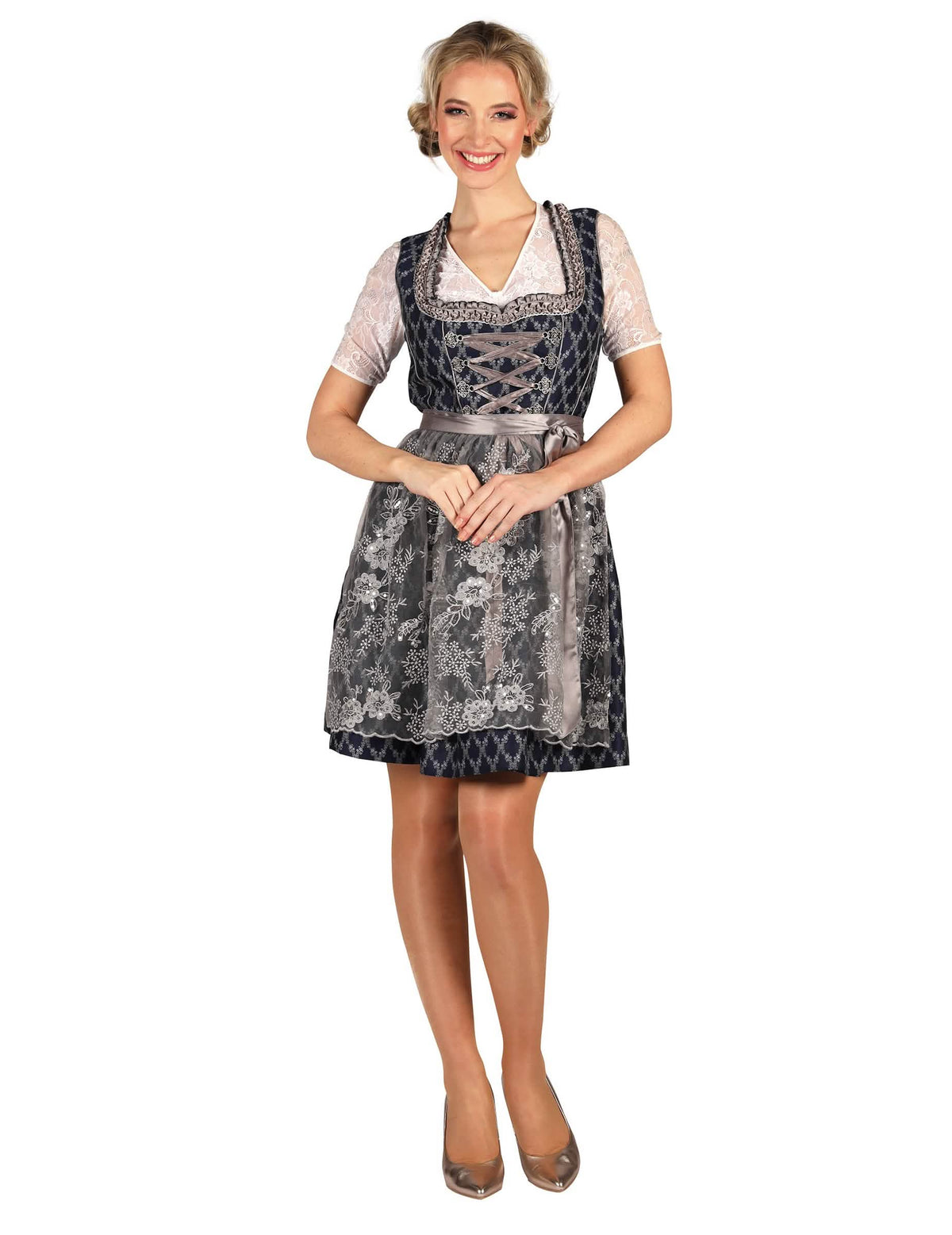Premium bayerisches Kostüm für Damen in Blau und Silber