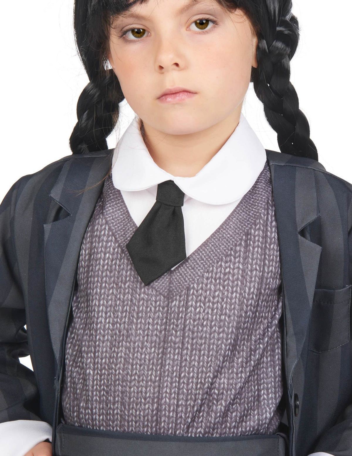 Détail du col blanc et de la cravate du déguisement uniforme scolaire gothique pour enfant