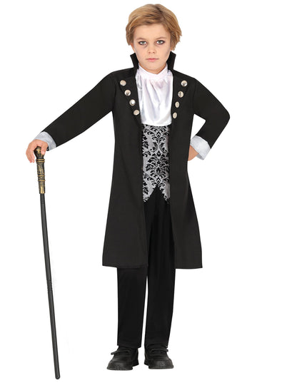 Déguisement de vampire pour garçon noir et argent avec gilet à motifs