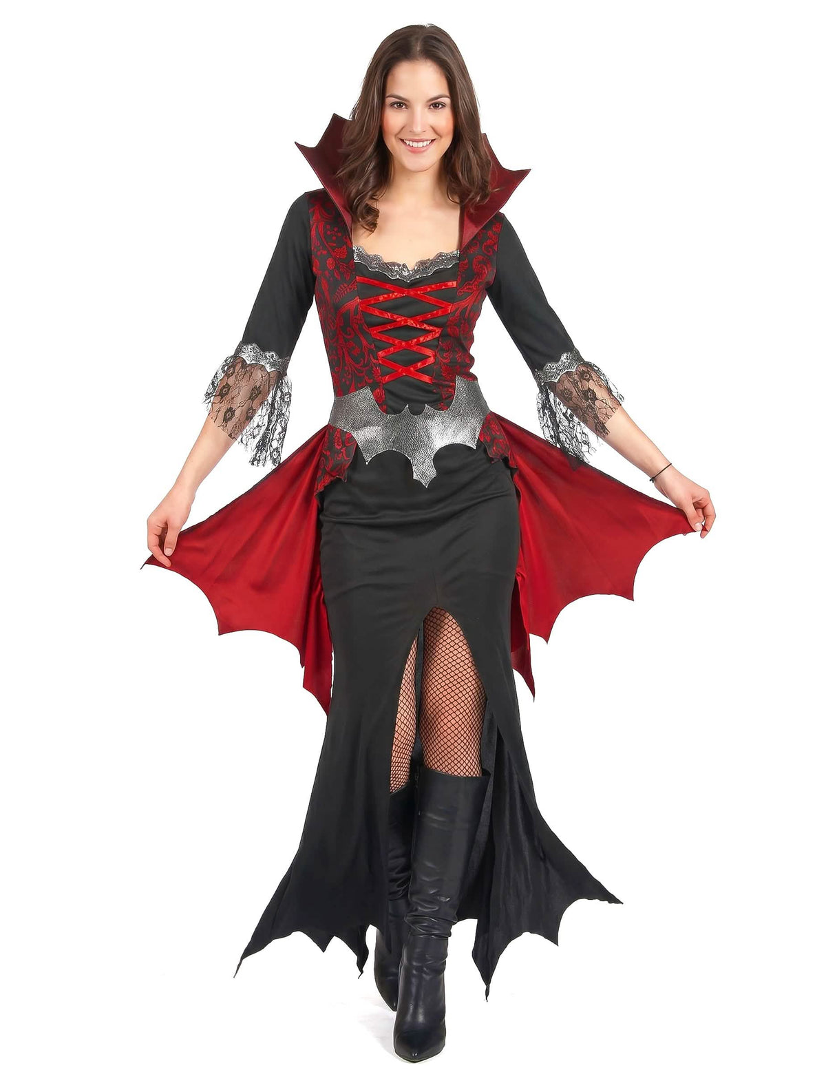 Barock-Vampirin Damenkostüm für Halloween schwarz-rot-silber