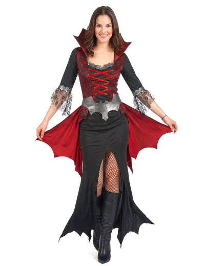 Barock-Vampirin Damenkostüm für Halloween schwarz-rot-silber